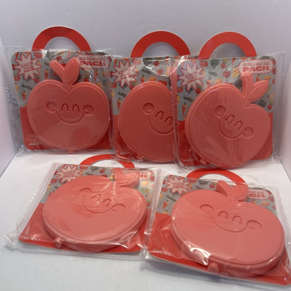 Lot Of  5 !!Reusable Ice Pack Kids Lunch Box Fun Pink Apple  Keeps Food Cold